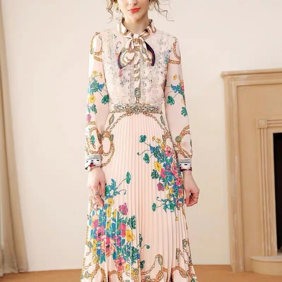 Dalia Macphee Terese Long Sleeve Pleated Midi Dress Size Small Pink - Picture 6 of 16